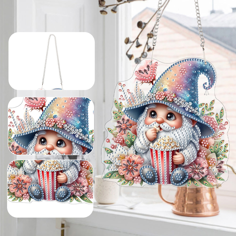 Acrylic Gnome Diamond Art Hanging Pendant for Window Decor (Popcorn Gnome)