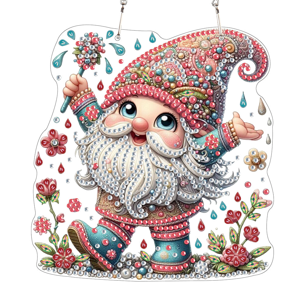 Acrylic Gnome Diamond Art Hanging Pendant for Window Decor (Flower Gnome)