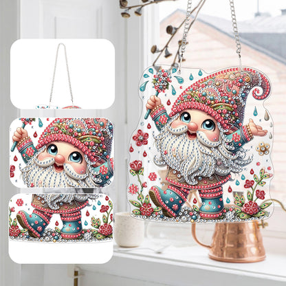 Acrylic Gnome Diamond Art Hanging Pendant for Window Decor (Flower Gnome)