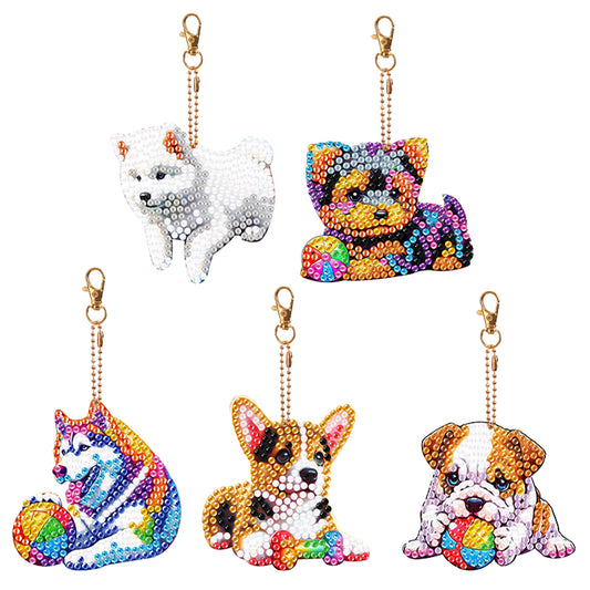 5Pcs Double Sided Dog Diamond Painting Art Keychain Pendant DIY Crafts Decor