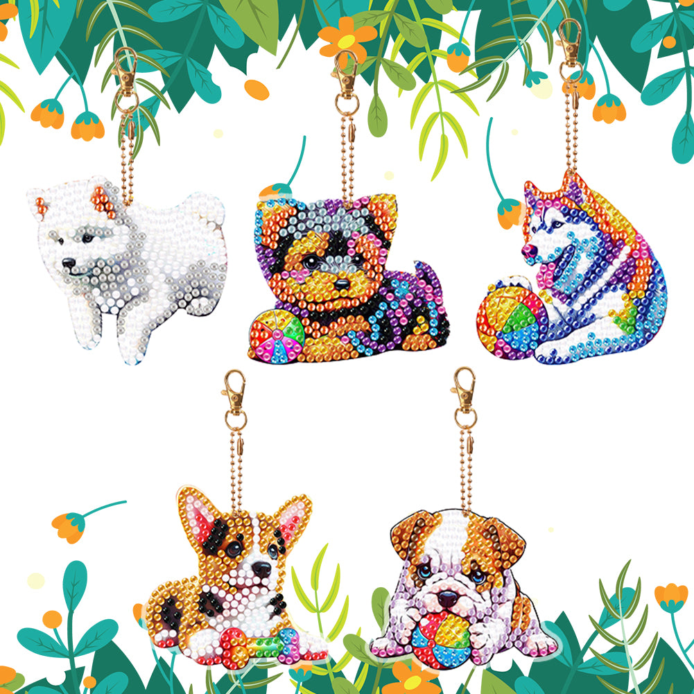 5Pcs Double Sided Dog Diamond Painting Art Keychain Pendant DIY Crafts Decor