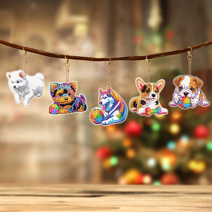 5Pcs Double Sided Dog Diamond Painting Art Keychain Pendant DIY Crafts Decor