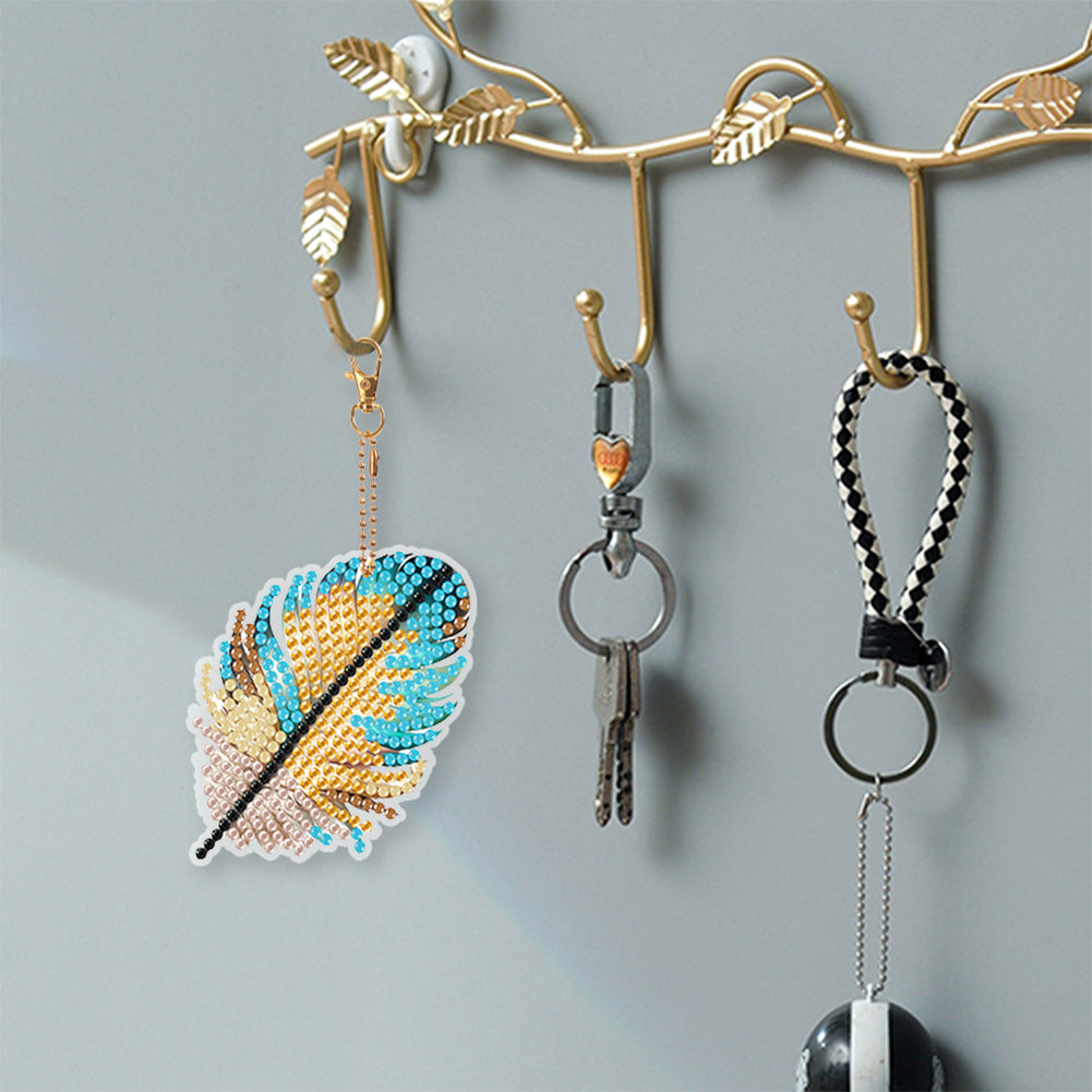 5Pcs Double Sided Feather Diamond Painting Art Keychain Pendant DIY Crafts Decor