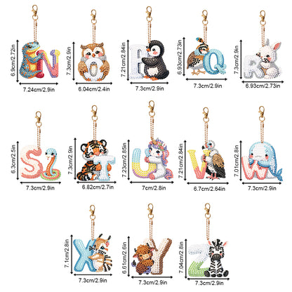 13Pcs Double Sided Special Shaped N-Z Letter Animal Diamond Art Keyring Decor