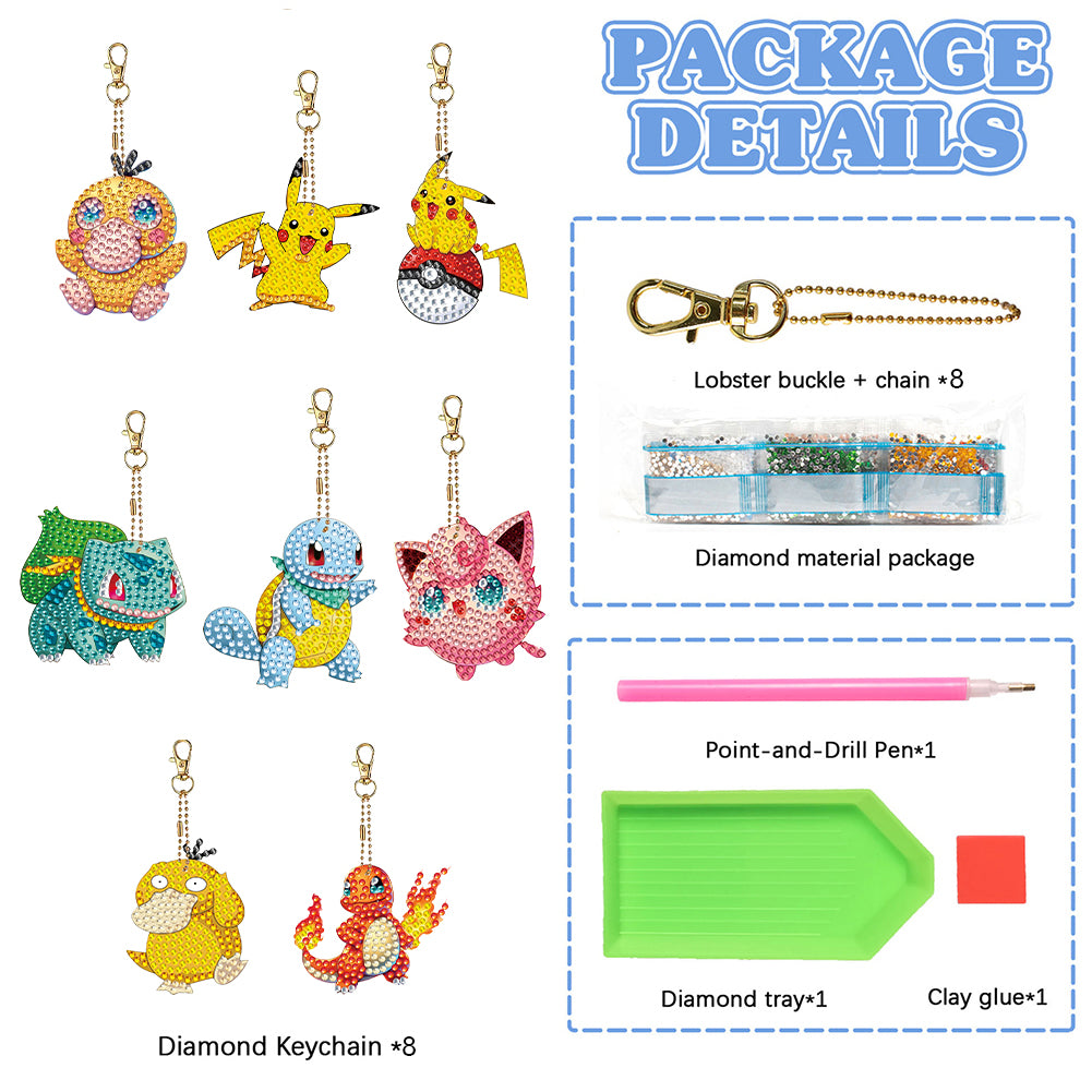 8Pcs Acrylic Double Sided Pokemon Diamond Painting Keychain for Beginners Adults