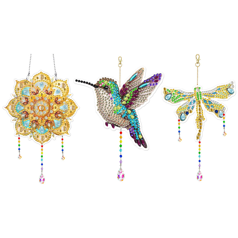 3Pcs Acrylic Double Sided Flower Animal Hanging Diamond Art Painting Suncatchers