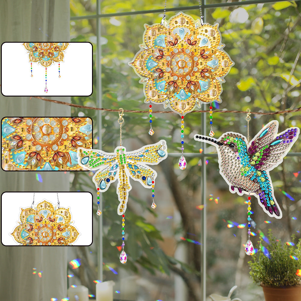 3Pcs Acrylic Double Sided Flower Animal Hanging Diamond Art Painting Suncatchers