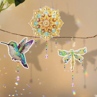 3Pcs Acrylic Double Sided Flower Animal Hanging Diamond Art Painting Suncatchers