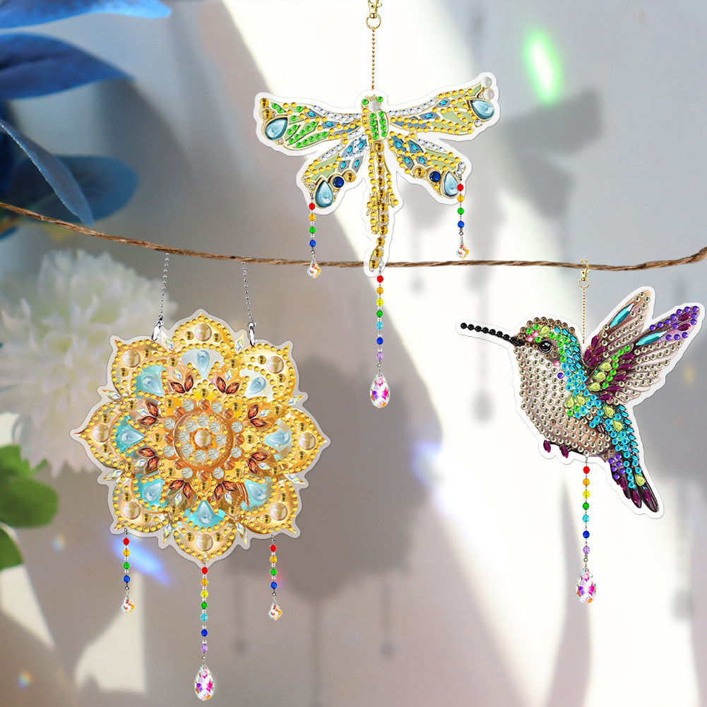 3Pcs Acrylic Double Sided Flower Animal Hanging Diamond Art Painting Suncatchers