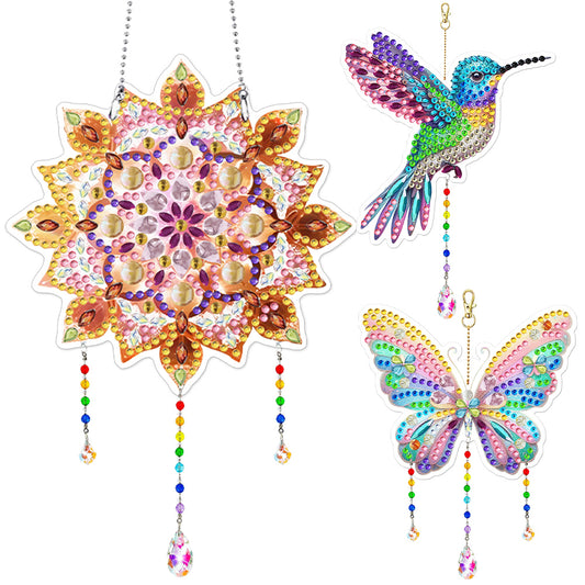 3Pcs Acrylic Double Sided Flower Animal Hanging Diamond Art Painting Suncatchers