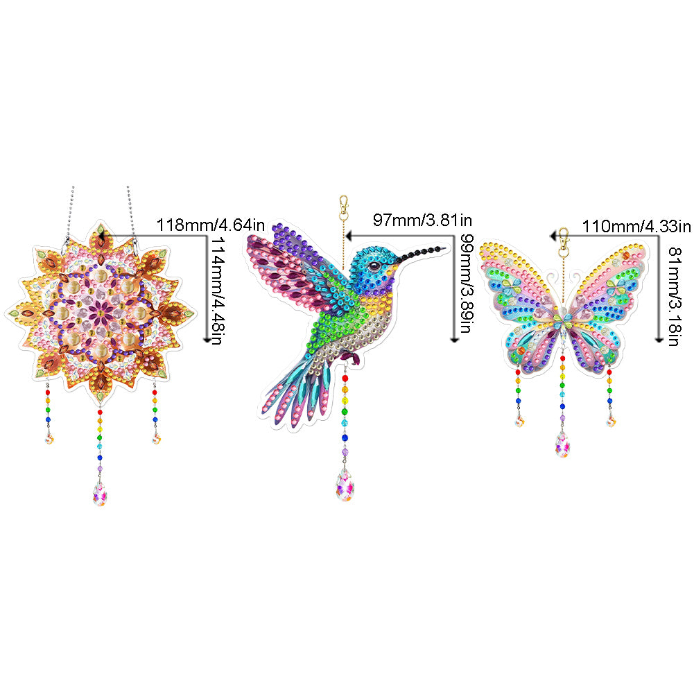3Pcs Acrylic Double Sided Flower Animal Hanging Diamond Art Painting Suncatchers