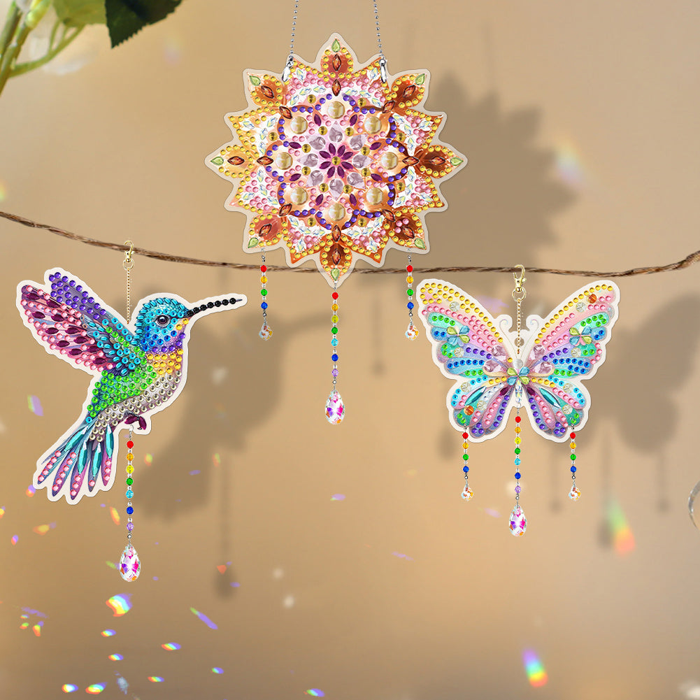 3Pcs Acrylic Double Sided Flower Animal Hanging Diamond Art Painting Suncatchers