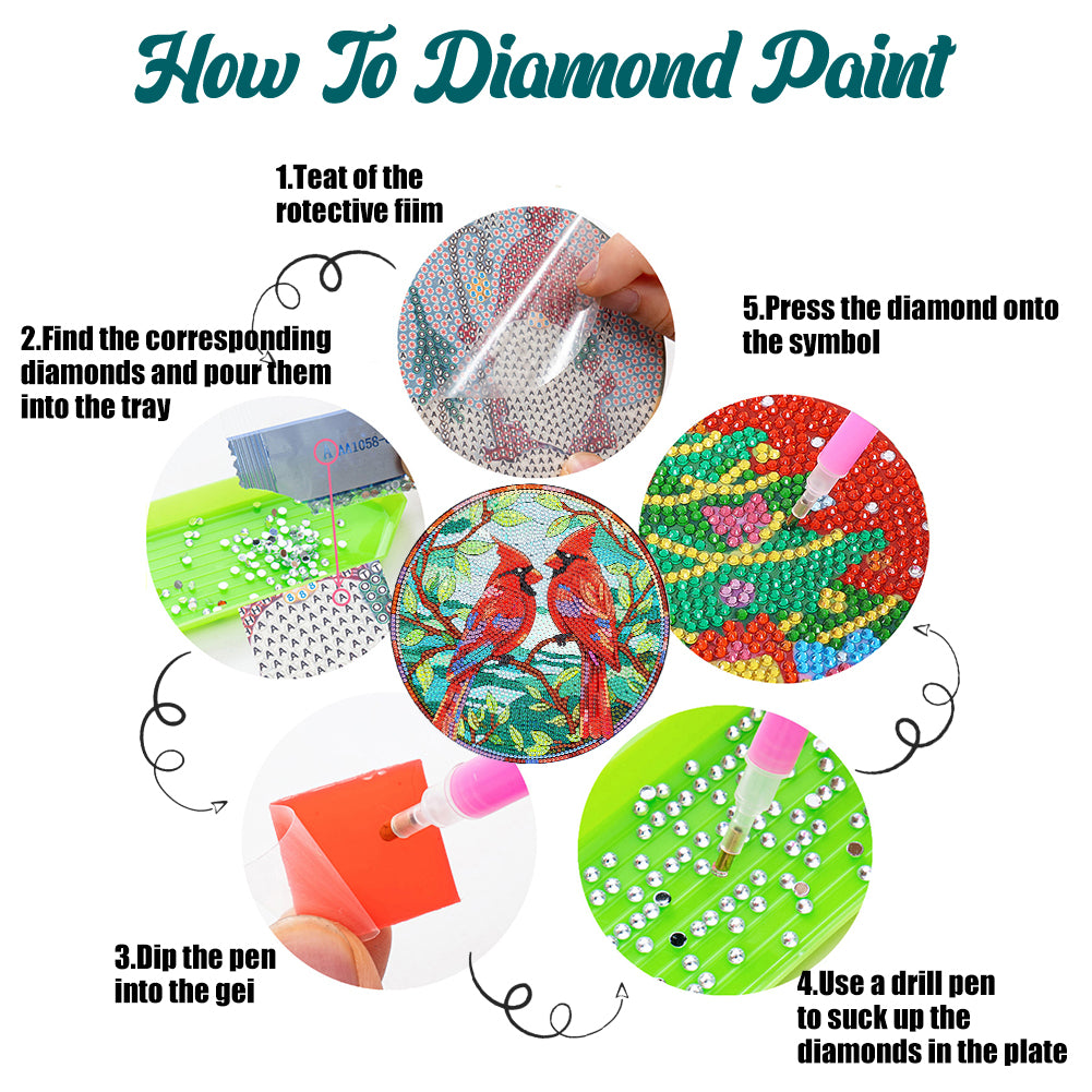 4Pcs Diamond Painting Coasters Bird In The Tree DIY Diamond Art Crafts Projects