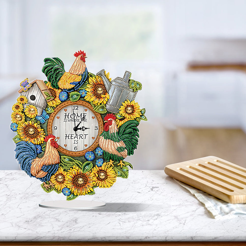 Acrylic Special Shaped Sunflower Cock 5D Diamond Painting Clock Art Craft