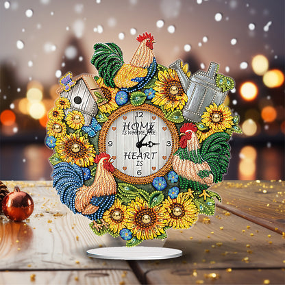 Acrylic Special Shaped Sunflower Cock 5D Diamond Painting Clock Art Craft