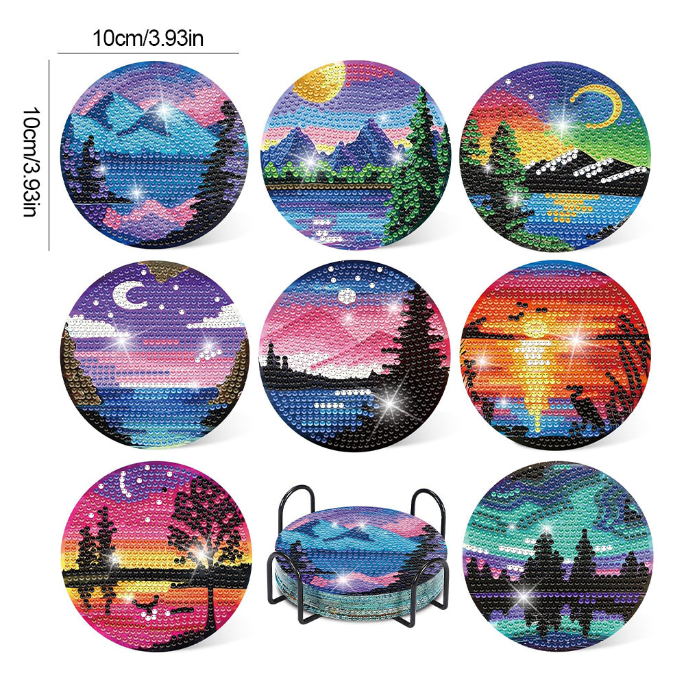 8Pcs DIY Landscape Diamond Painting Coasters with Holder for Party Decor