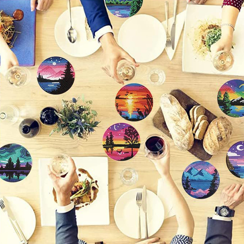 8Pcs DIY Landscape Diamond Painting Coasters with Holder for Party Decor