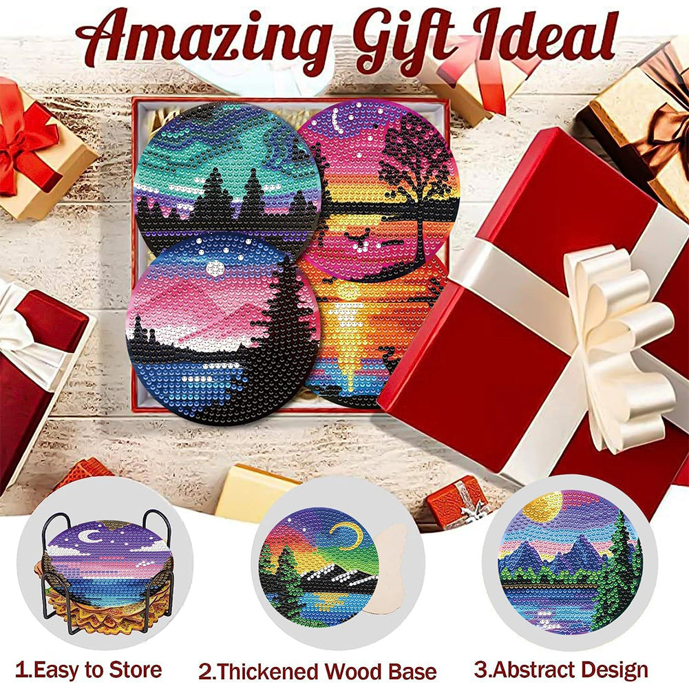 8Pcs DIY Landscape Diamond Painting Coasters with Holder for Party Decor