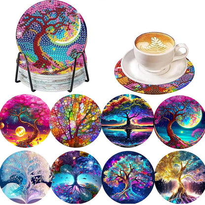 8Pcs Tree of Life Diamond Painting Coasters with Holder for Party Decor