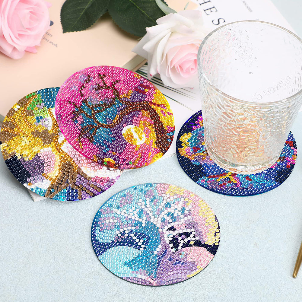 8Pcs Tree of Life Diamond Painting Coasters with Holder for Party Decor