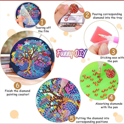 8Pcs Tree of Life Diamond Painting Coasters with Holder for Party Decor