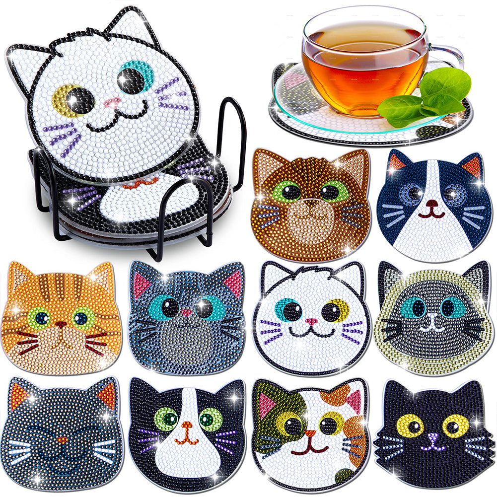 10Pcs Cat Diamond Painting Coasters with Holder Diamond Dot Kit for Party Decor