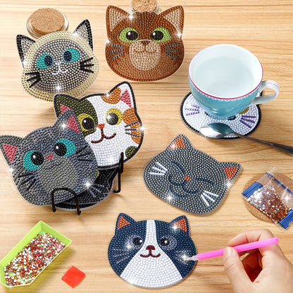 10Pcs Cat Diamond Painting Coasters with Holder Diamond Dot Kit for Party Decor