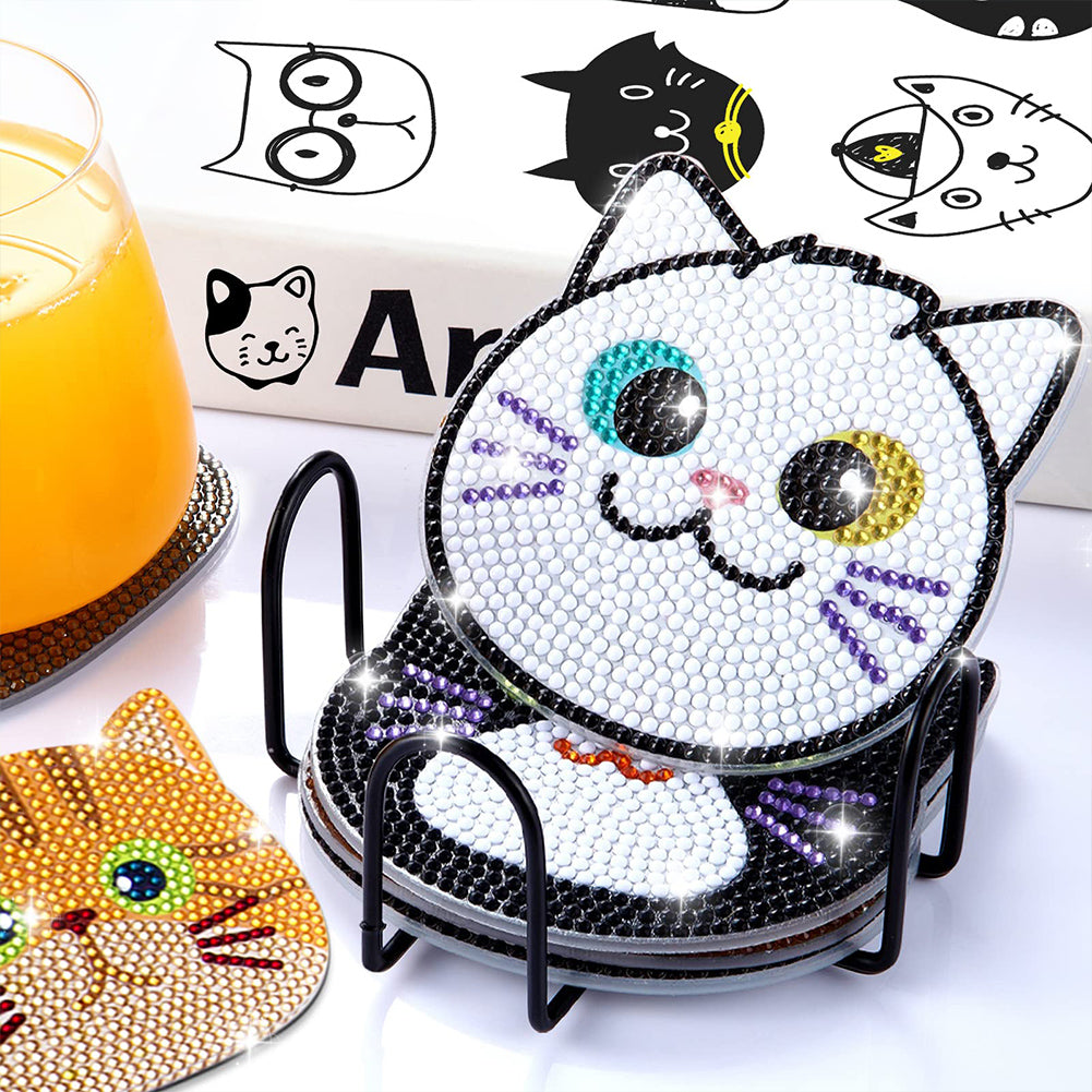 10Pcs Cat Diamond Painting Coasters with Holder Diamond Dot Kit for Party Decor