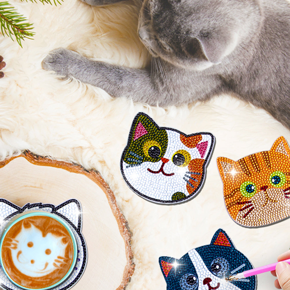 10Pcs Cat Diamond Painting Coasters with Holder Diamond Dot Kit for Party Decor