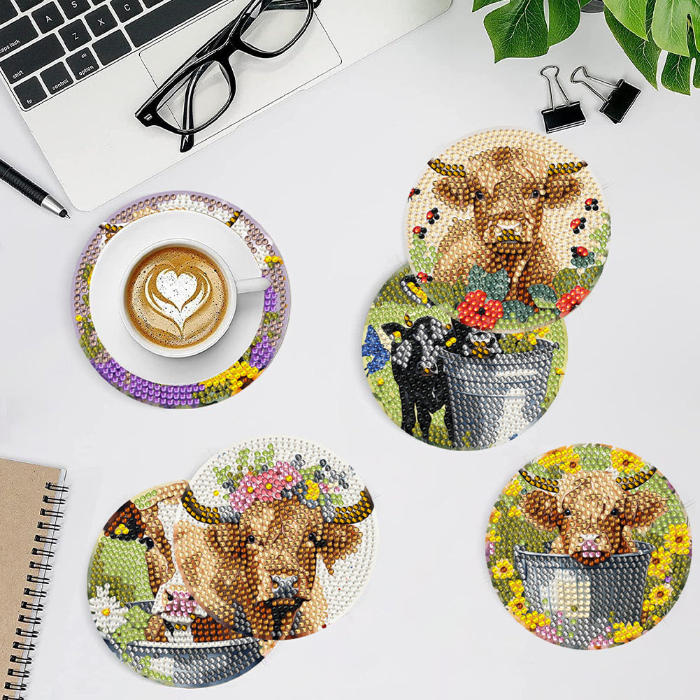 8Pcs Pastoral Cow Diamond Painting Coasters with Holder Animal for Party Decor