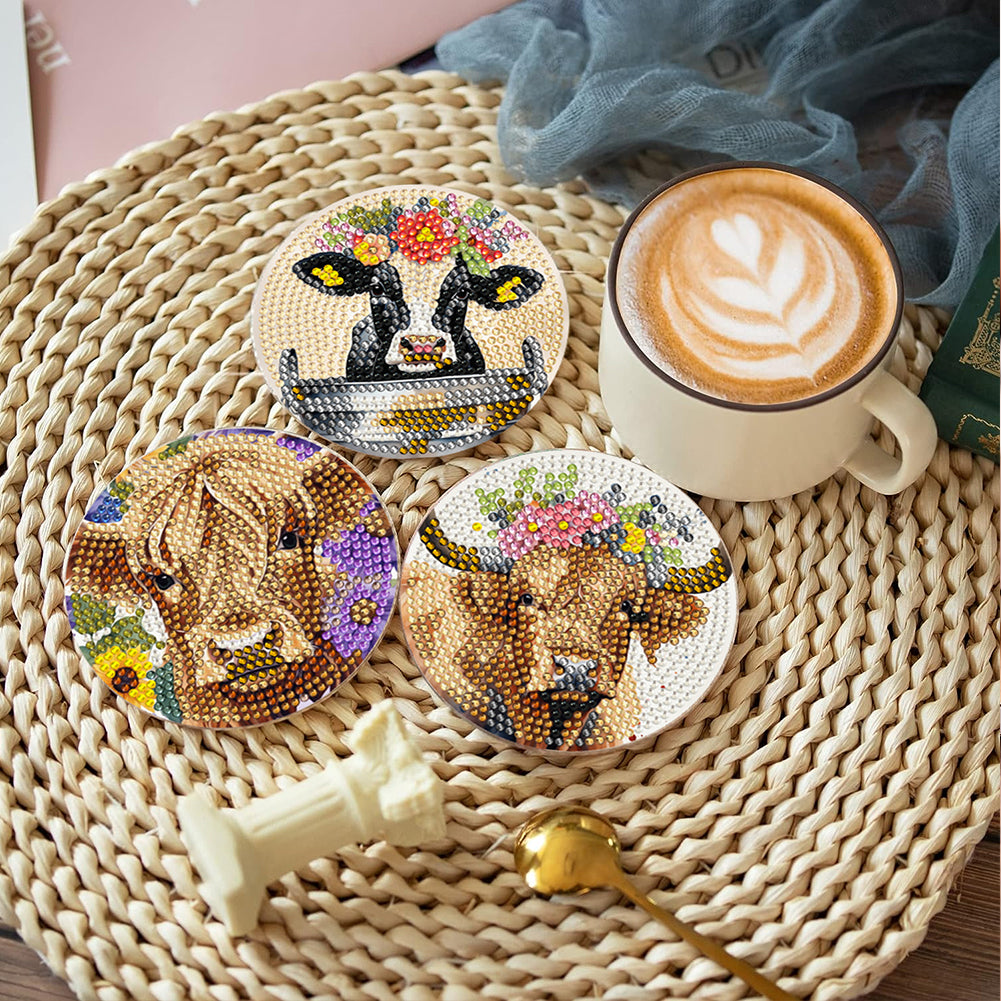 8Pcs Pastoral Cow Diamond Painting Coasters with Holder Animal for Party Decor