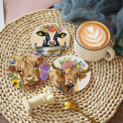 8Pcs Pastoral Cow Diamond Painting Coasters with Holder Animal for Party Decor