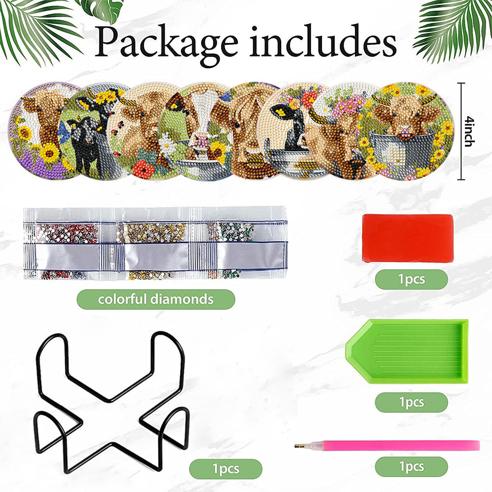 8Pcs Pastoral Cow Diamond Painting Coasters with Holder Animal for Party Decor