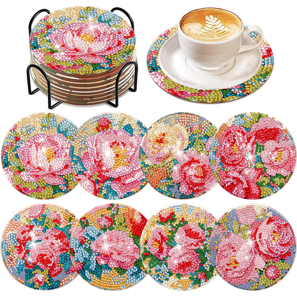 8Pcs Blooming Flower Diamond Painting Coasters with Holder Animal for Party