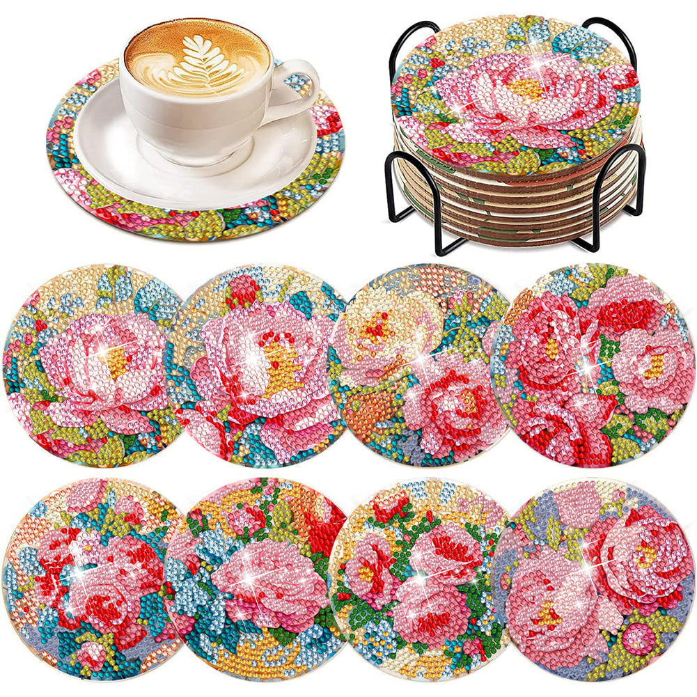 8Pcs Blooming Flower Diamond Painting Coasters with Holder Animal for Party