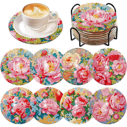 8Pcs Blooming Flower Diamond Painting Coasters with Holder Animal for Party