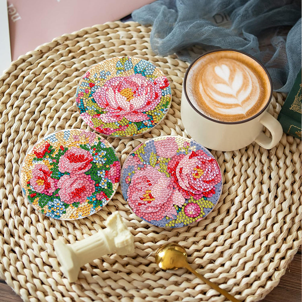 8Pcs Blooming Flower Diamond Painting Coasters with Holder Animal for Party