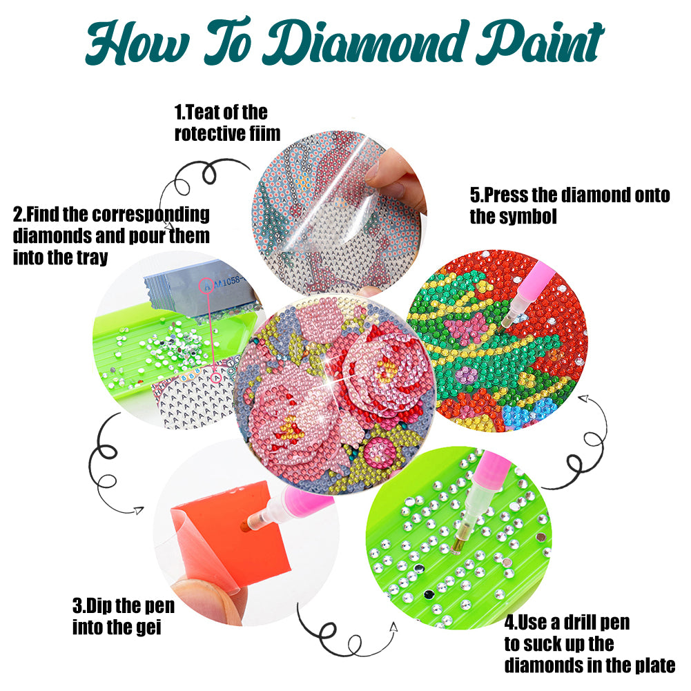 8Pcs Blooming Flower Diamond Painting Coasters with Holder Animal for Party