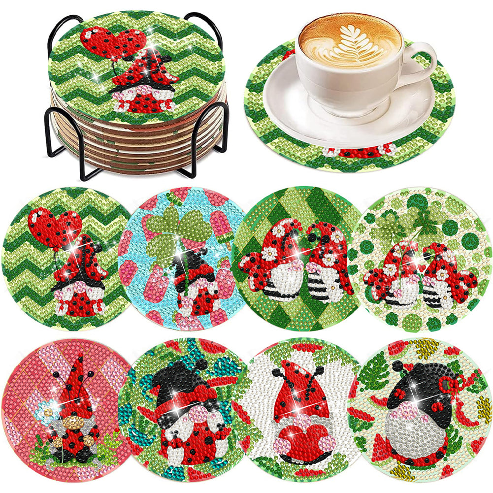 8Pcs Summer Gnome Diamond Painting Coasters with Holder Animal for Party