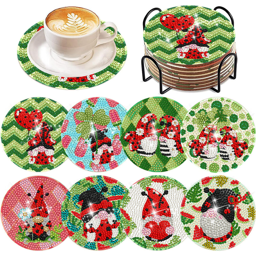 8Pcs Summer Gnome Diamond Painting Coasters with Holder Animal for Party