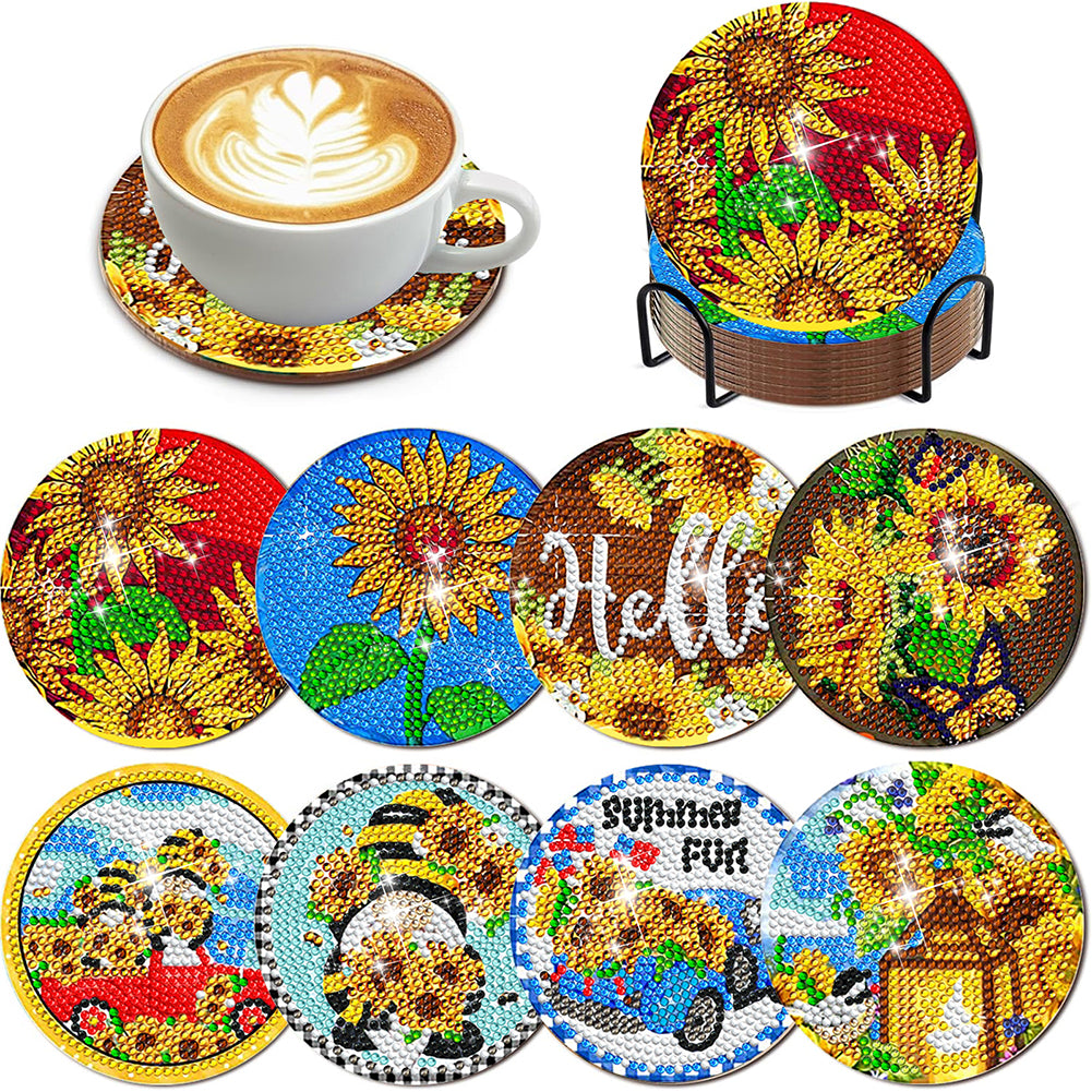 8Pcs Sunflower Gnome Diamond Painting Coasters with Holder Animal for Party