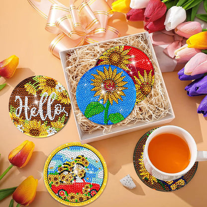 8Pcs Sunflower Gnome Diamond Painting Coasters with Holder Animal for Party