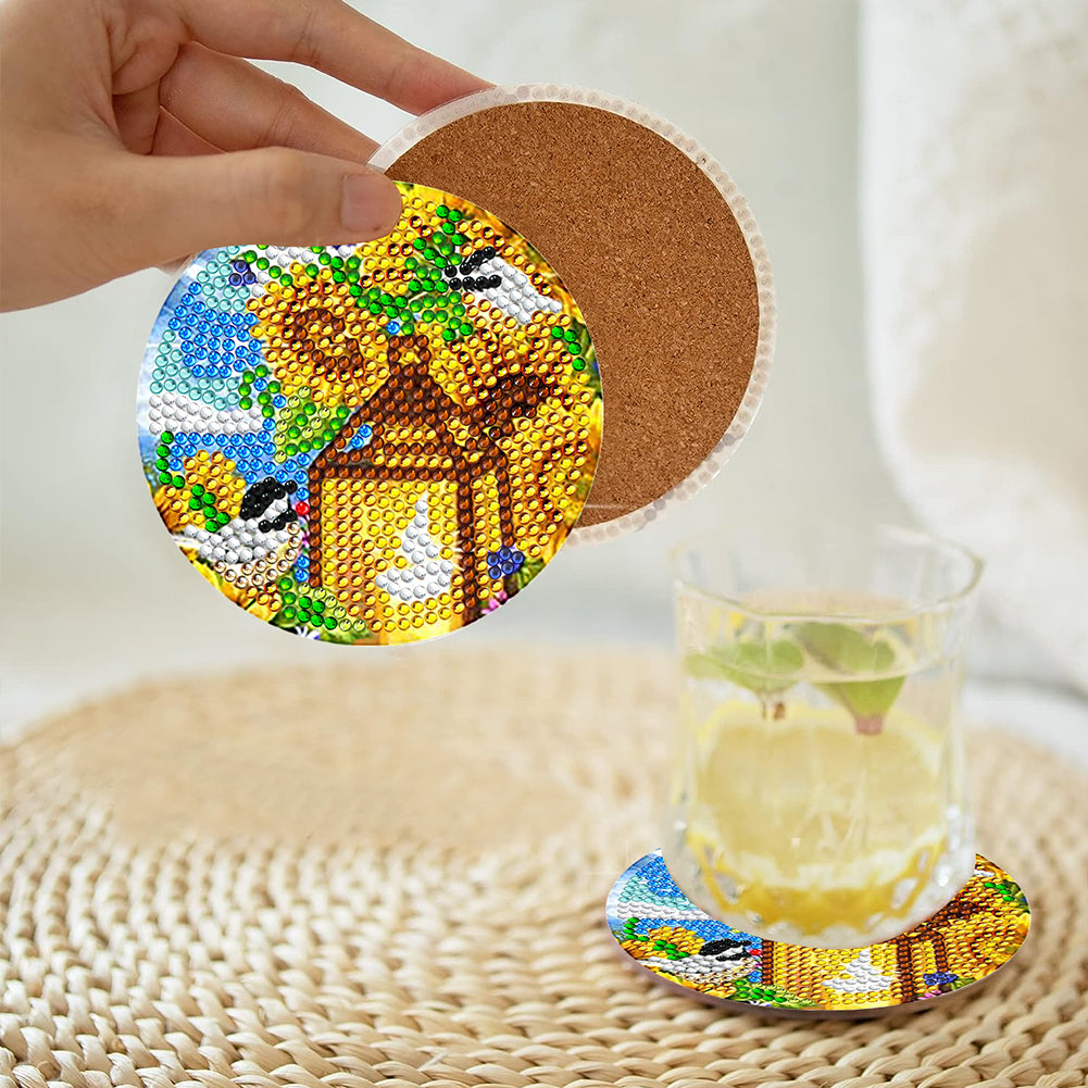 8Pcs Sunflower Gnome Diamond Painting Coasters with Holder Animal for Party