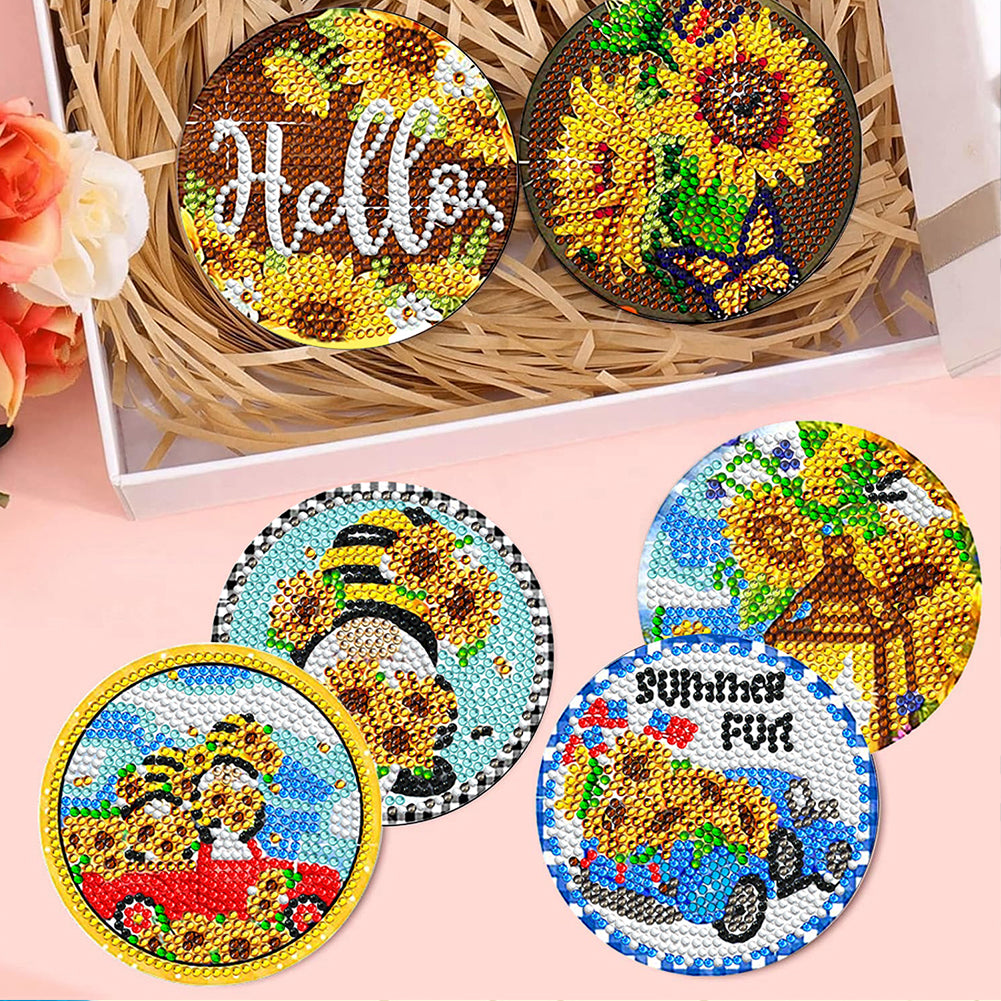 8Pcs Sunflower Gnome Diamond Painting Coasters with Holder Animal for Party