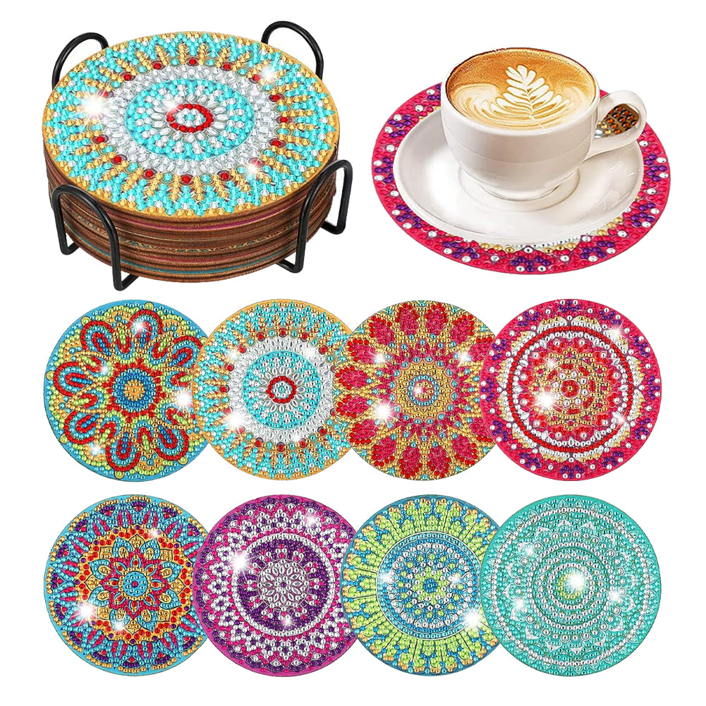 8Pcs Mandala Diamond Painting Coasters with Holder Animal for Party Decor