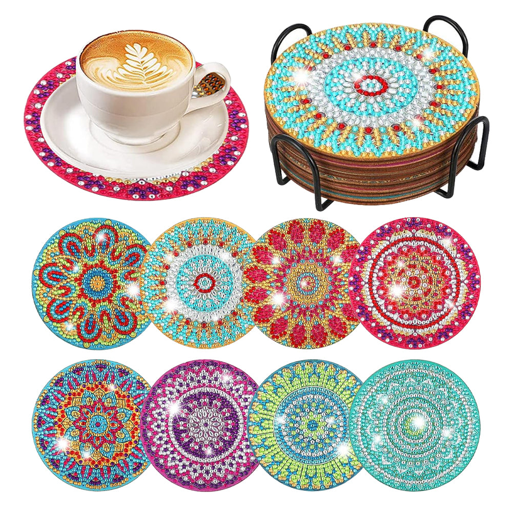 8Pcs Mandala Diamond Painting Coasters with Holder Animal for Party Decor