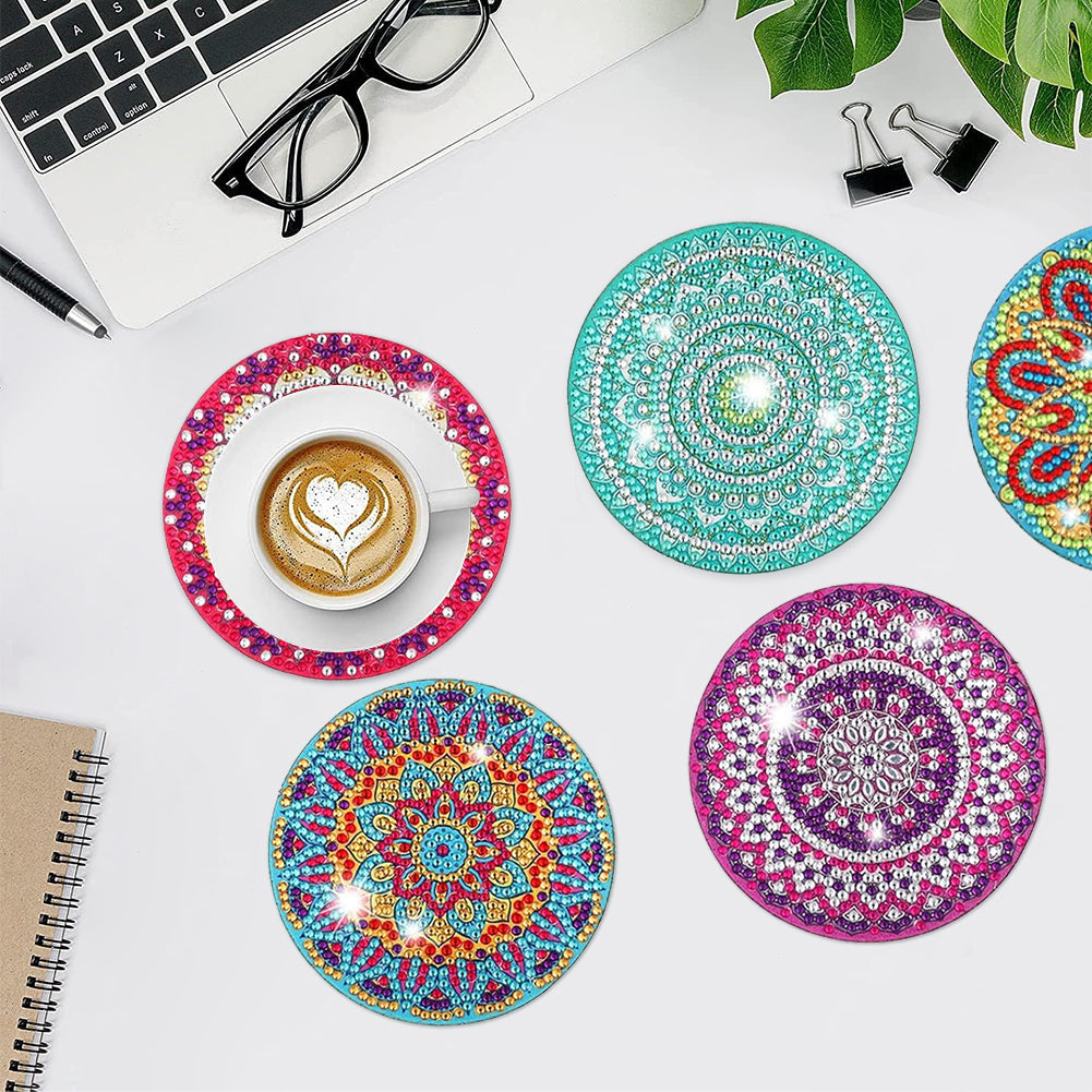 8Pcs Mandala Diamond Painting Coasters with Holder Animal for Party Decor