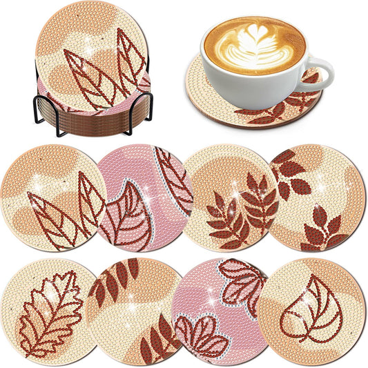 8Pcs Leaf Diamond Painting Coasters with Holder Animal for Party Decor