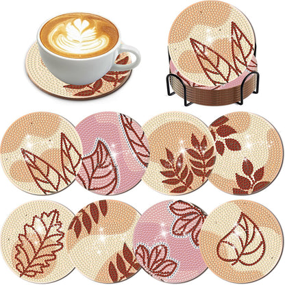 8Pcs Leaf Diamond Painting Coasters with Holder Animal for Party Decor