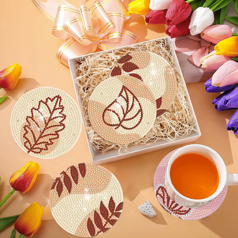 8Pcs Leaf Diamond Painting Coasters with Holder Animal for Party Decor